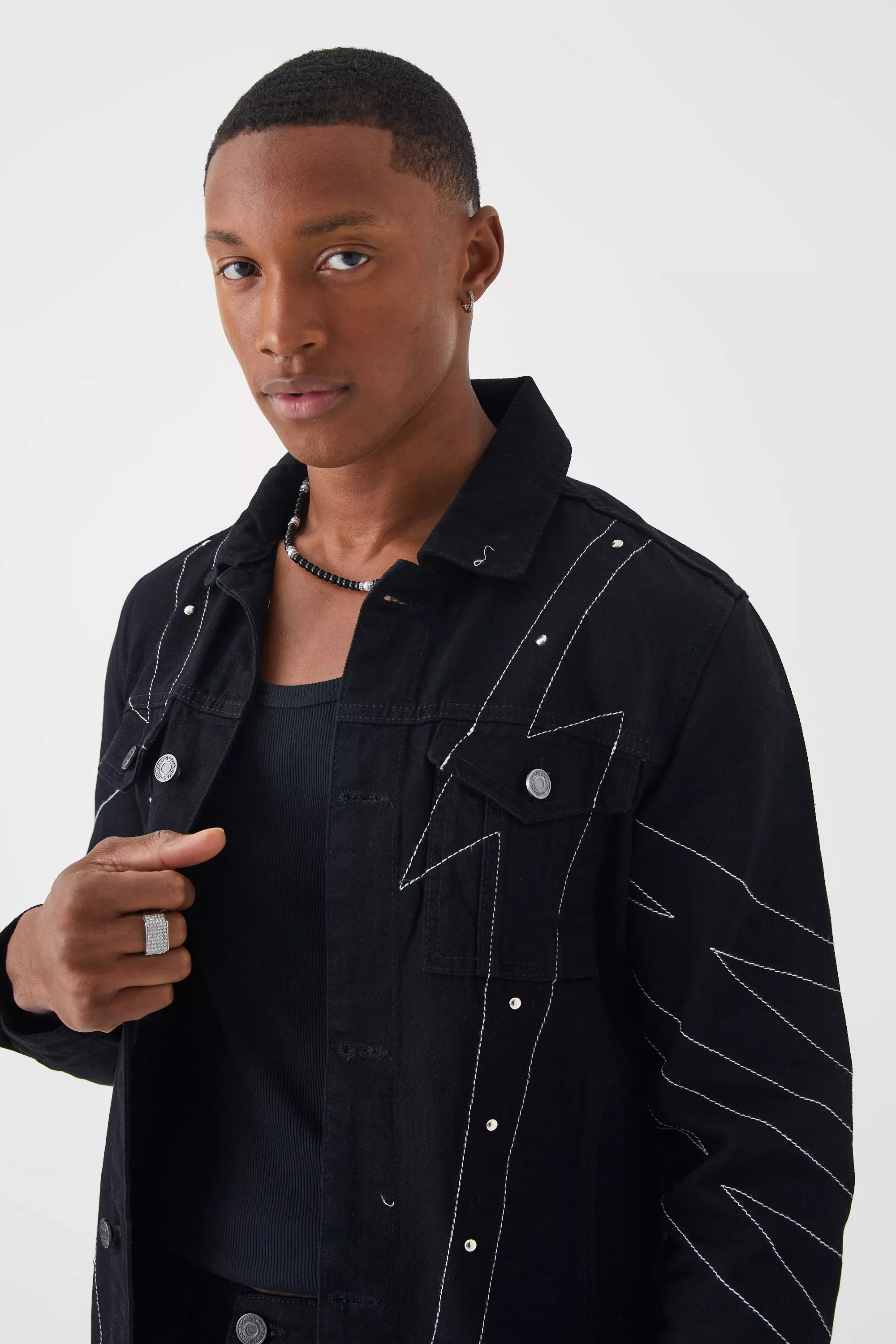 Black denim jacket with contrast stitching hotsell